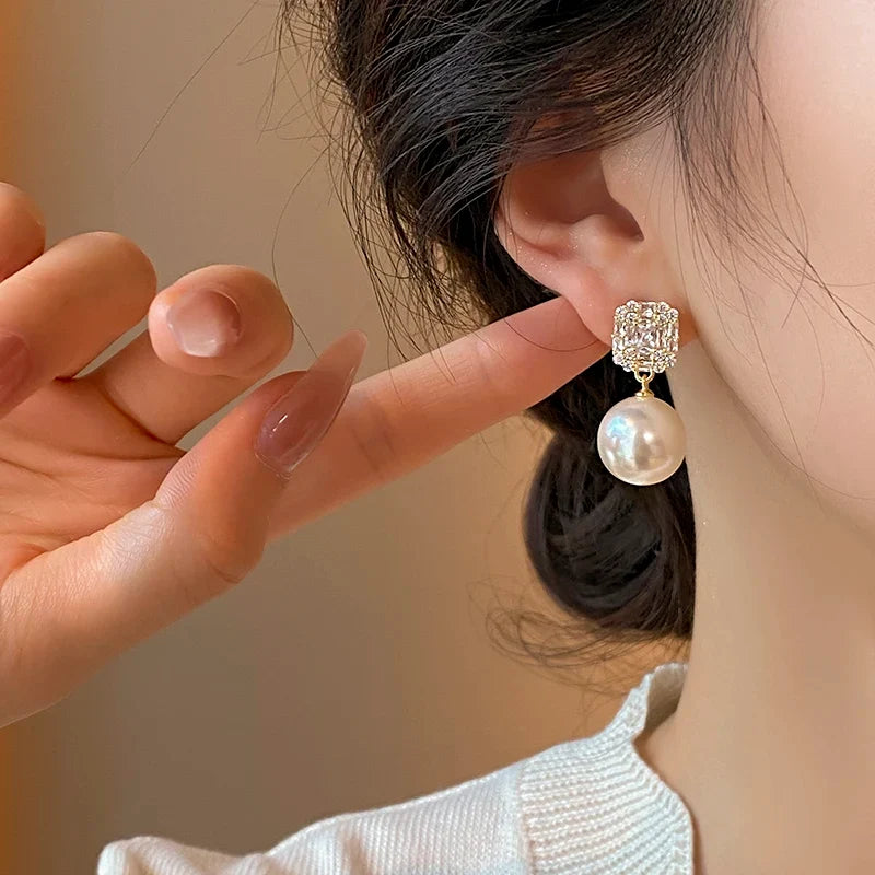 Gold Tone Pearl Drop Earrings | Shiny Crystal Pendant Jewelry