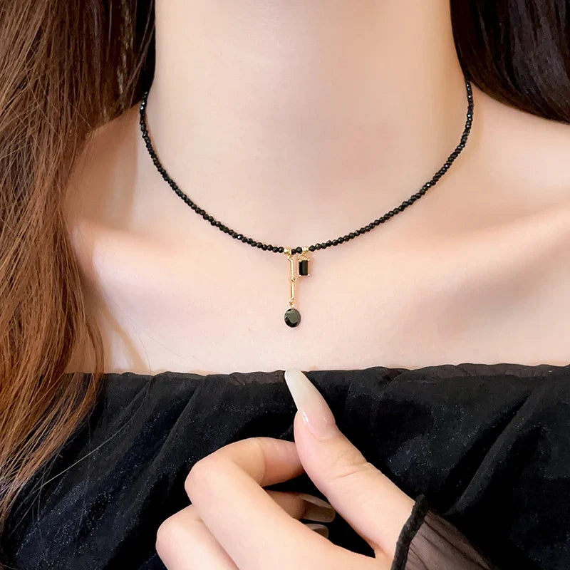 Black Crystal Bead Tassel Necklace | Trendy Collarbone Chain
