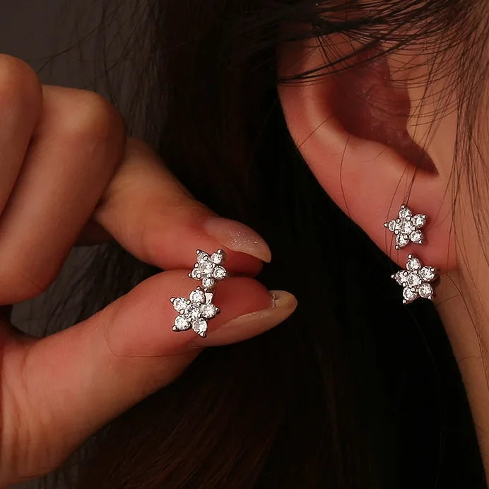 Double Flower Stud Earrings | Screw-Back Crystal Tragus Earrings for Women