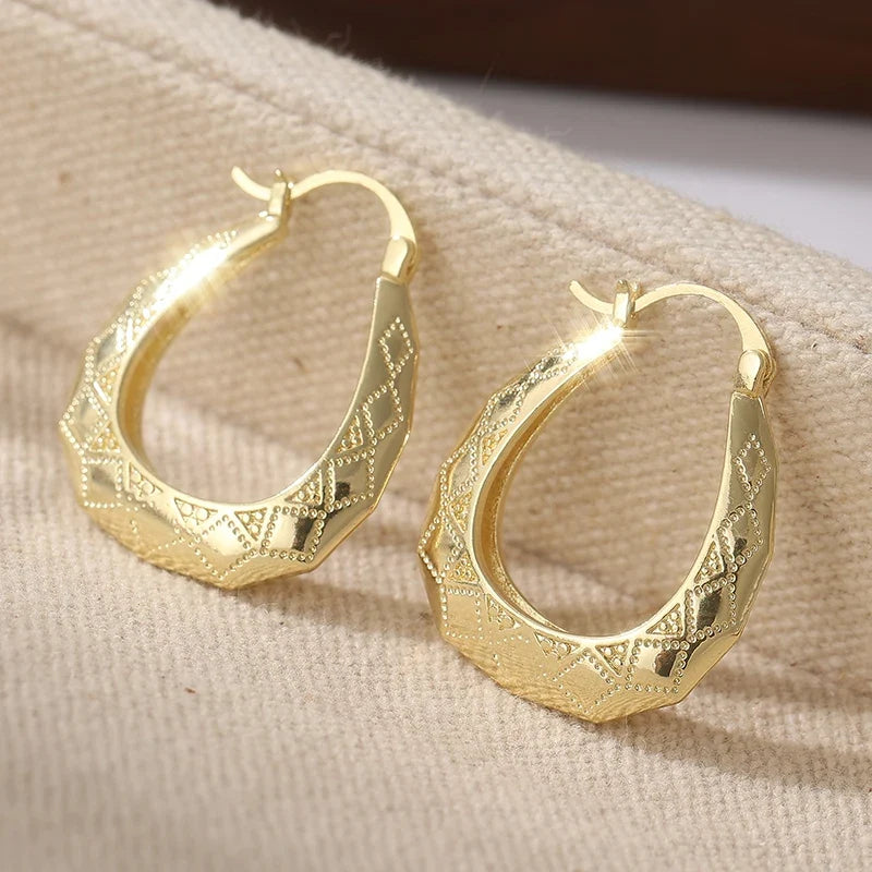 Vintage Oval Golden Hoop Earrings | Hand Carved Patterned Drop Earrings