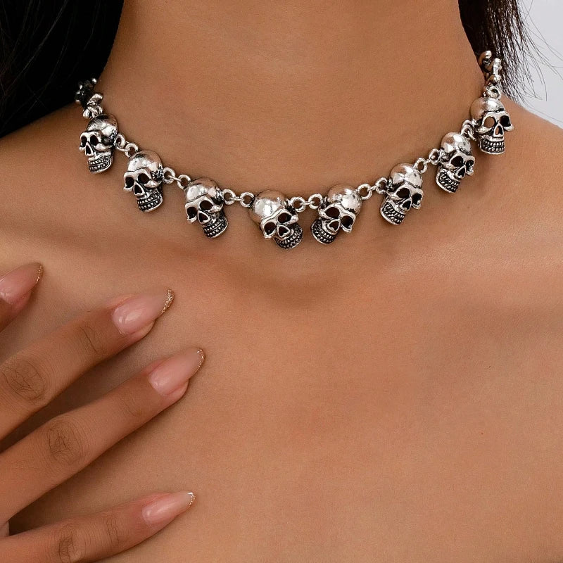Gothic Skull Choker Necklace | Multiple Skull Connected Gothic Jewelry for Women