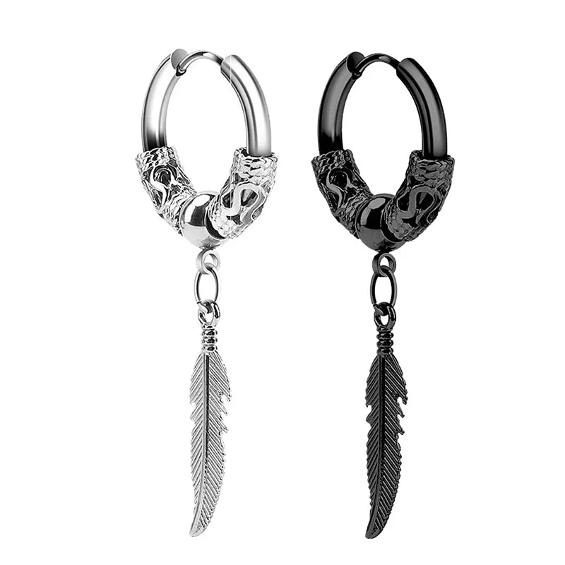 2Pcs Stainless Steel Feather Leaf Coil Earrings Set | Unisex Punk Hoop and Stud Jewelry