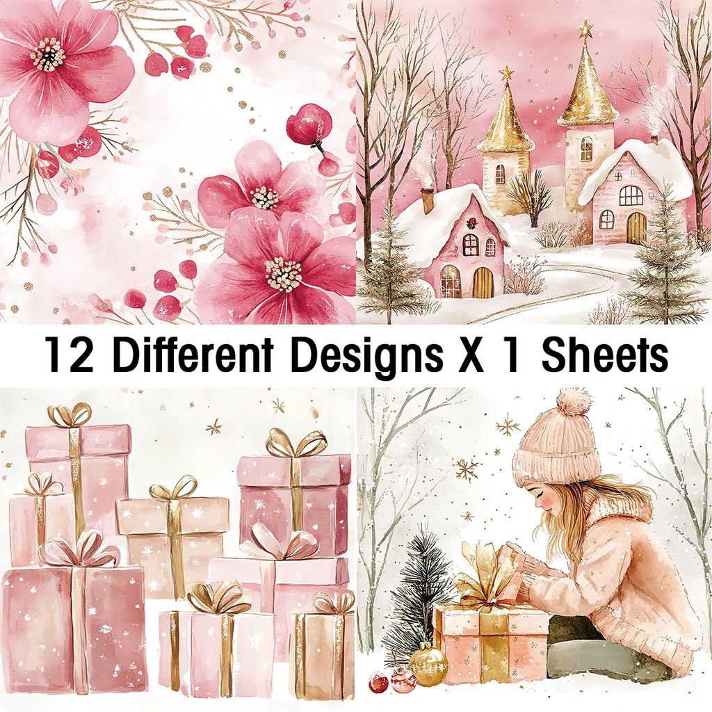 Pink Christmas Scrapbook Paper Pad | 12 Sheets Decorative Craft Papers