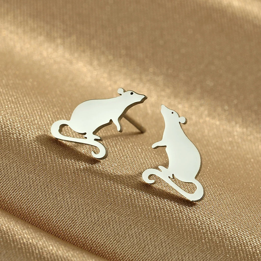 Adorable Rat Stud Earrings | Cute Stainless Steel Rodent Jewelry for Women and Men