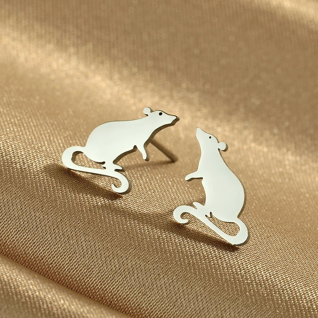 Adorable Rat Stud Earrings | Cute Stainless Steel Rodent Jewelry for Women and Men