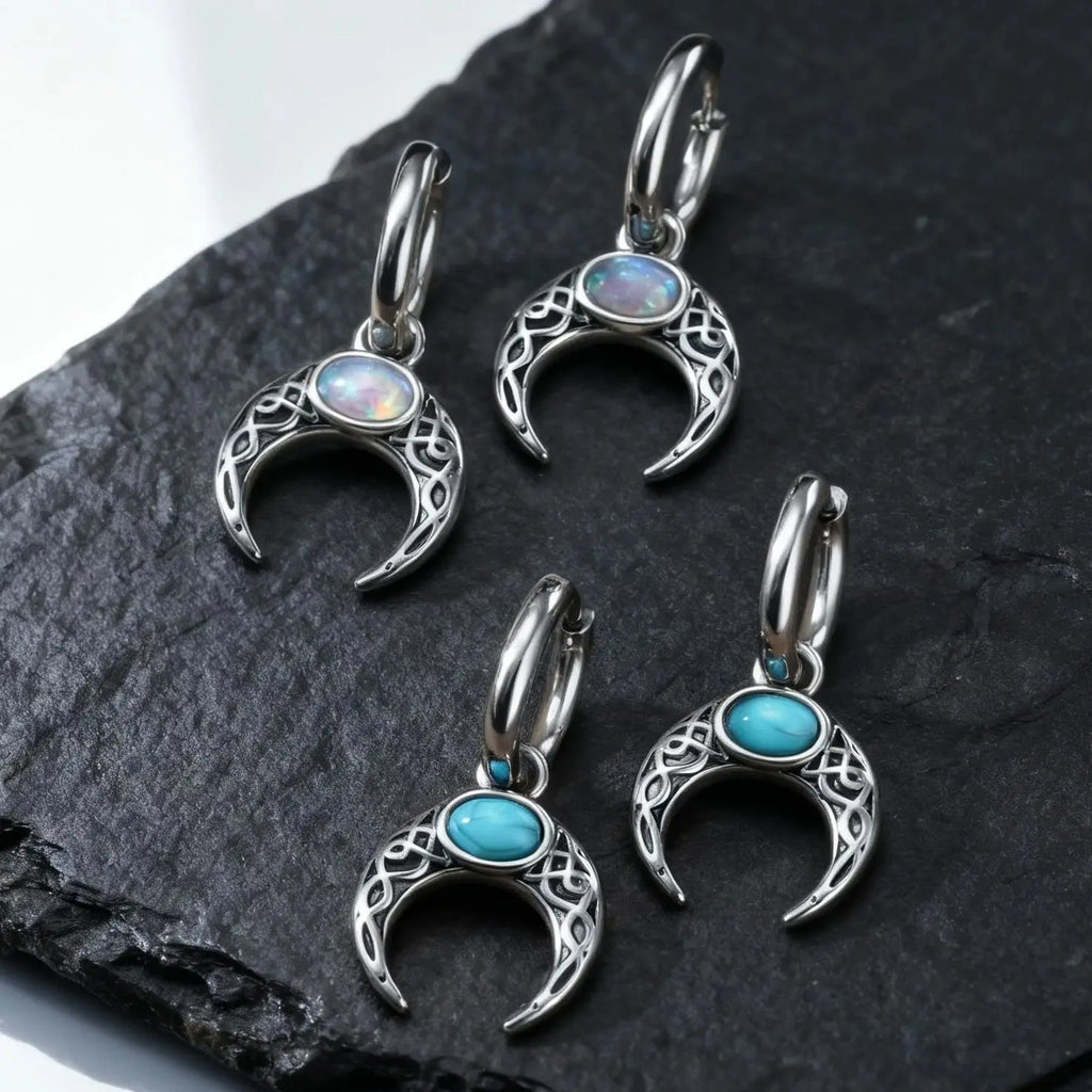 Vintage Moon Earrings for Men | Green Stone Stainless Steel Hoop Jewelry