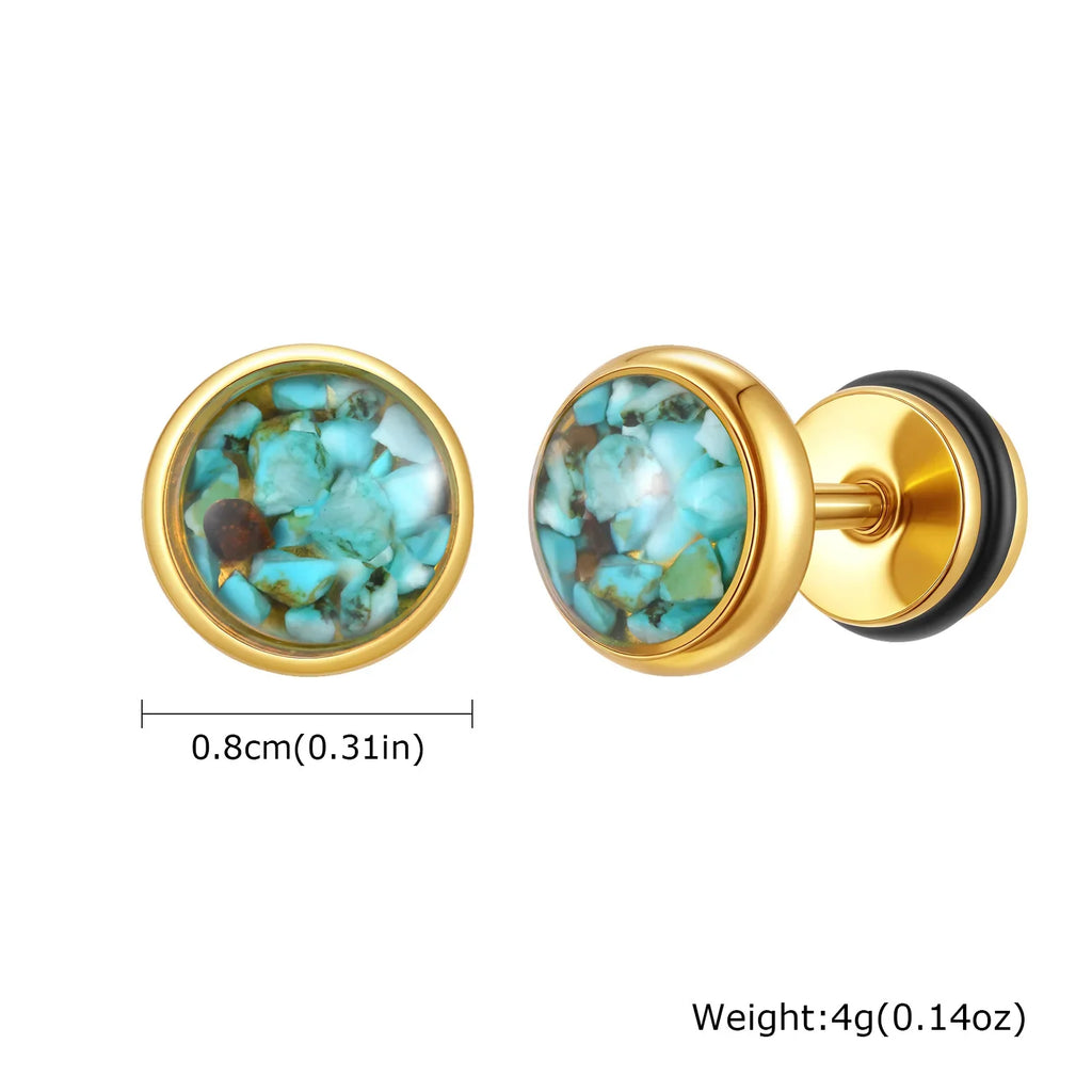 Natural Stone Stud Earrings for Men | Stainless Steel Plated Round Earring Gift