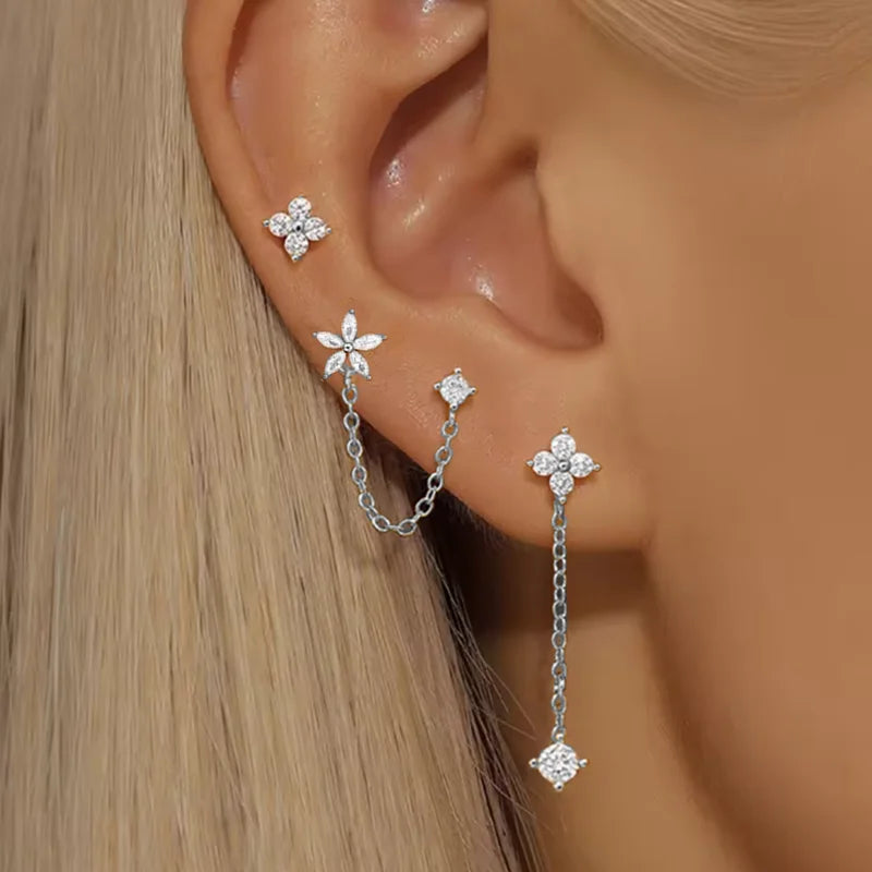 3PCS Stainless Steel Crown Chain Tassel Earring Set | Drop Flower Stud for Women