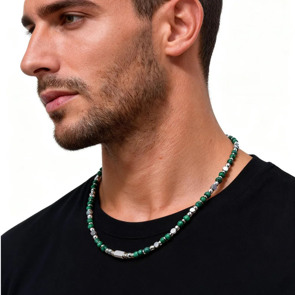Trendy Men's Natural Stone Beaded Necklace | Classic Stainless Steel Metal Bead Choker