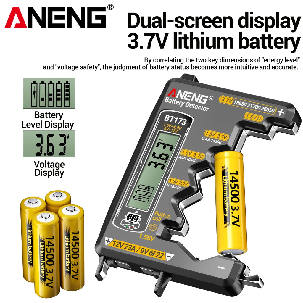 ANENG BT173 Universal Digital Battery Tester | 18650/AA/AAA/9V/12V Button Battery Level Display Tool