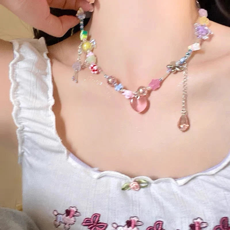 Colorful Candy Beaded Choker Necklace | Y2K Sweet Cute Short Clavicle Chain