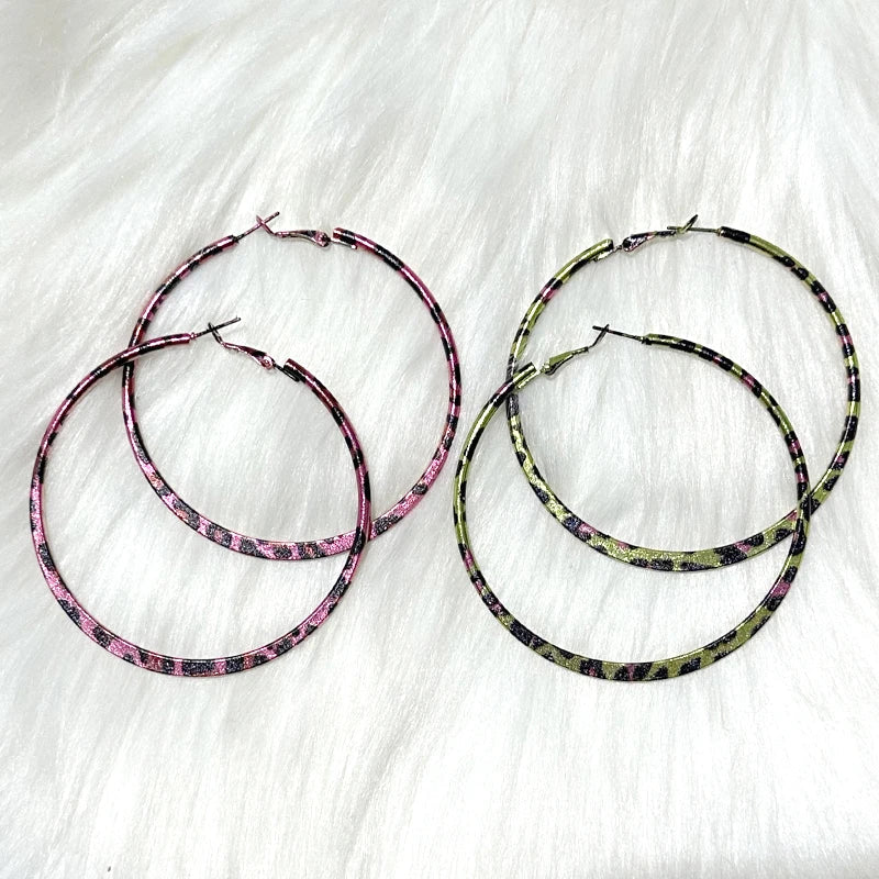 Pink Leopard Print Round Hoop Earrings | Y2K Vintage Punk Jewelry