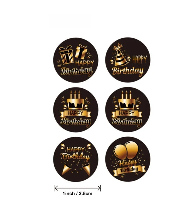 100-500pcs Black Gold Happy Birthday Stickers | Round Party Stickers for Gift Bags and Cards
