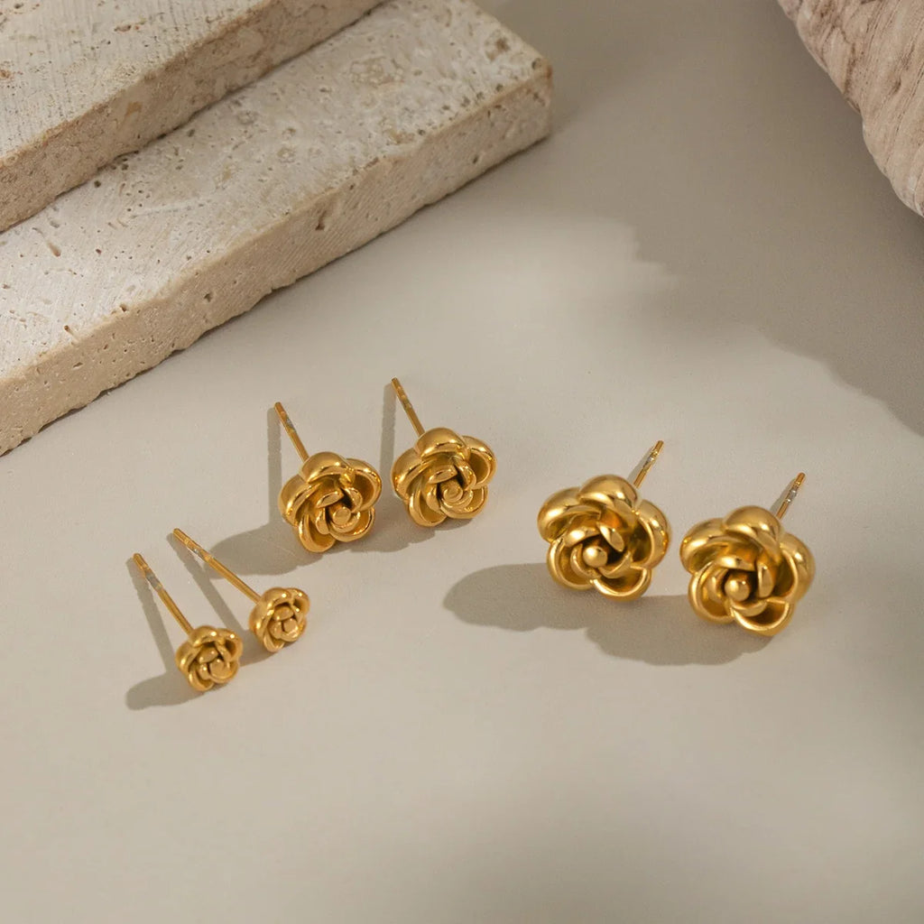 Rose Flower Stud Earrings | 18K Gold Plated Stainless Steel Daily Jewelry for Women