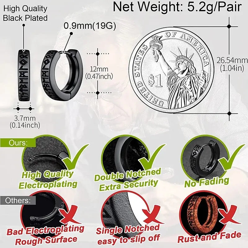 Viking Rune Hoop Earrings | Stainless Steel Norse Jewelry for Men and Women