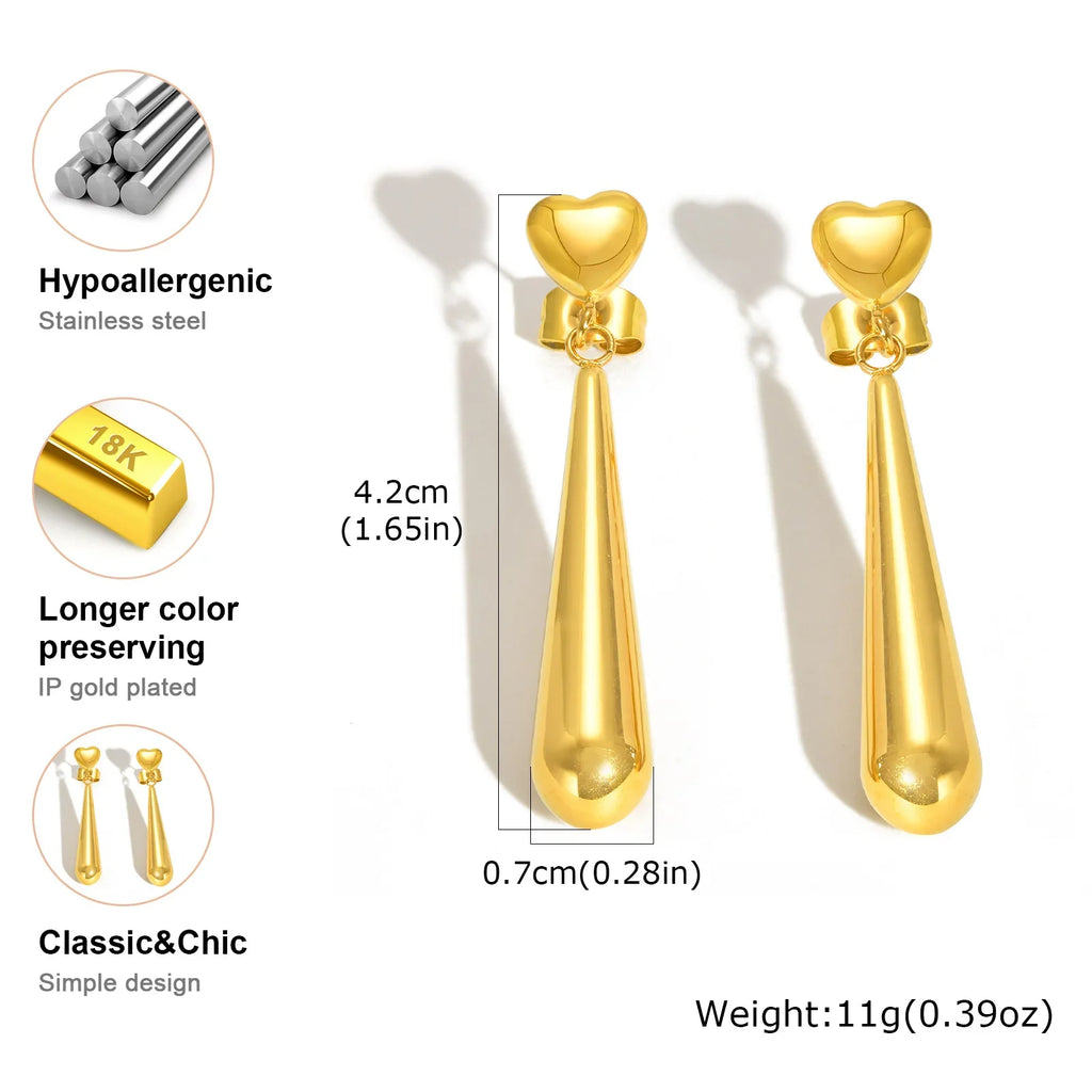 Vnox Sweet Heart Long Tear Drop Earrings | Stainless Steel Water Droplet Piercing Jewelry for Women