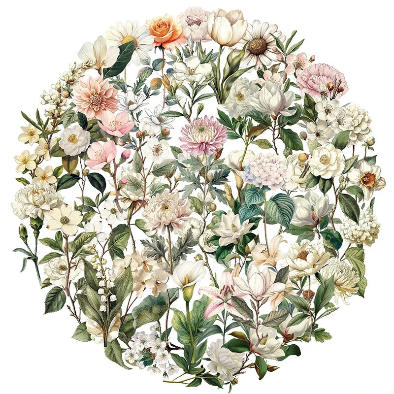50PCS Transparent Vintage Floral Stickers | Nature Plant Flower Scrapbook Decals