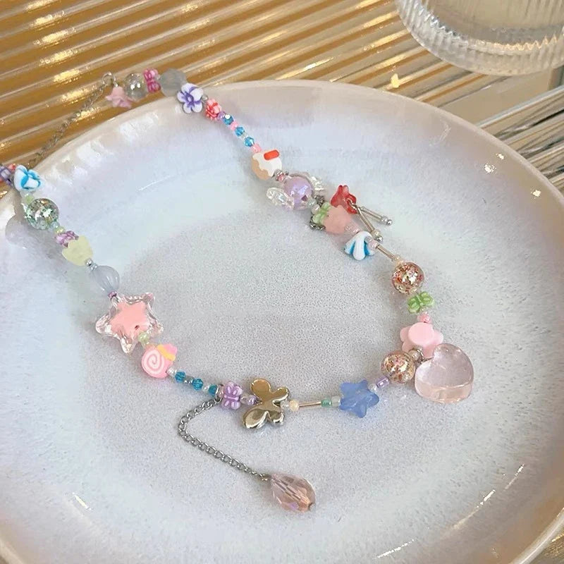 Colorful Candy Beaded Choker Necklace | Y2K Sweet Cute Short Clavicle Chain
