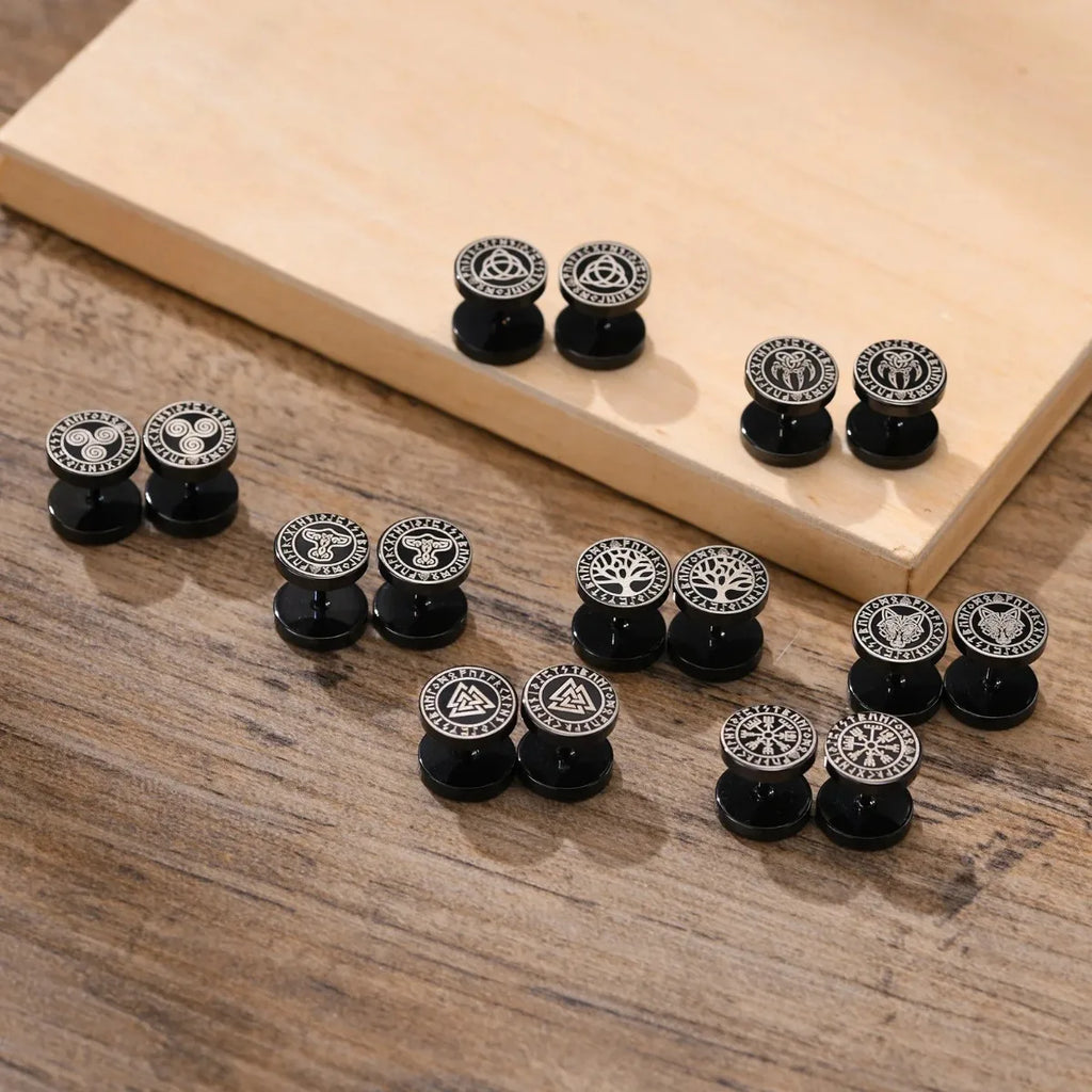 Gothic Norse Viking Runes Stud Earrings for Men | Stainless Steel Punk Jewelry