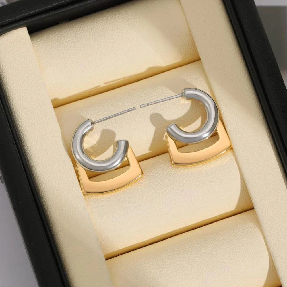 C Shape Hoop Earrings Gold Silver Mix | Trendy Women's Huggie Earrings