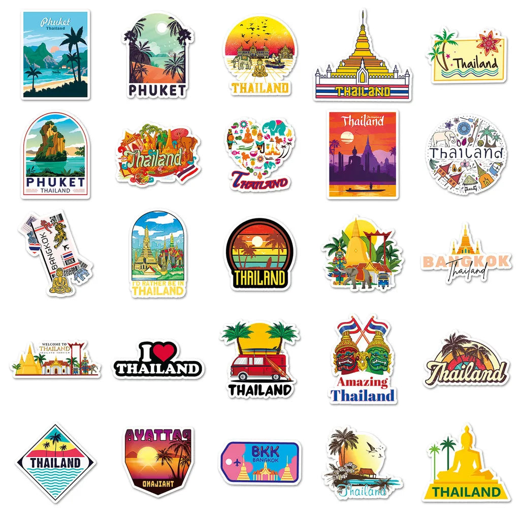 Thai Scenery Graffiti Stickers 50 Pack | Travel-Themed Decals for Laptops and Phones