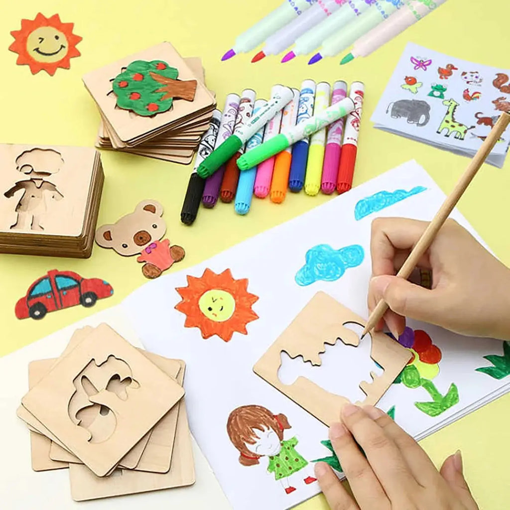 Wooden Drawing Stencils for Kids | Montessori Learning Toy Set