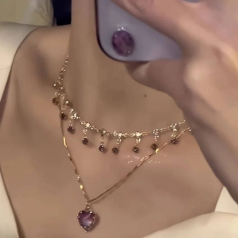 Elegant Women's Double Layer Heart Pendant Necklace | Synthetic Zirconia Collarbone Jewelry