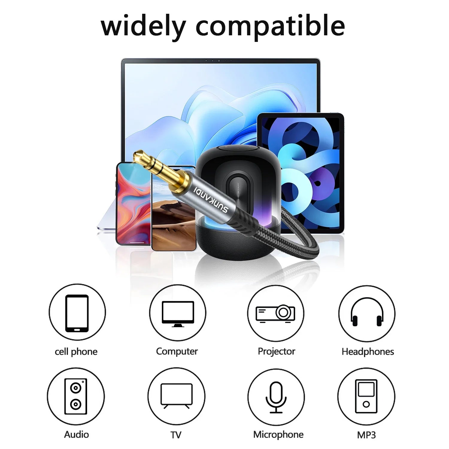 SUNKANDI 3.5mm Aux Cord | Male to Male Stereo Audio Cable for Car, Speaker, Headphones