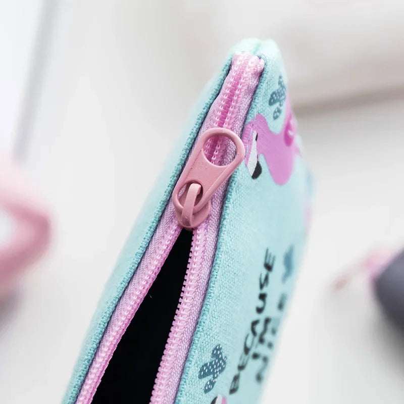 Korean Square Flamingo Coin Money Pouch | Small Canvas Zipper Wallet for Students
