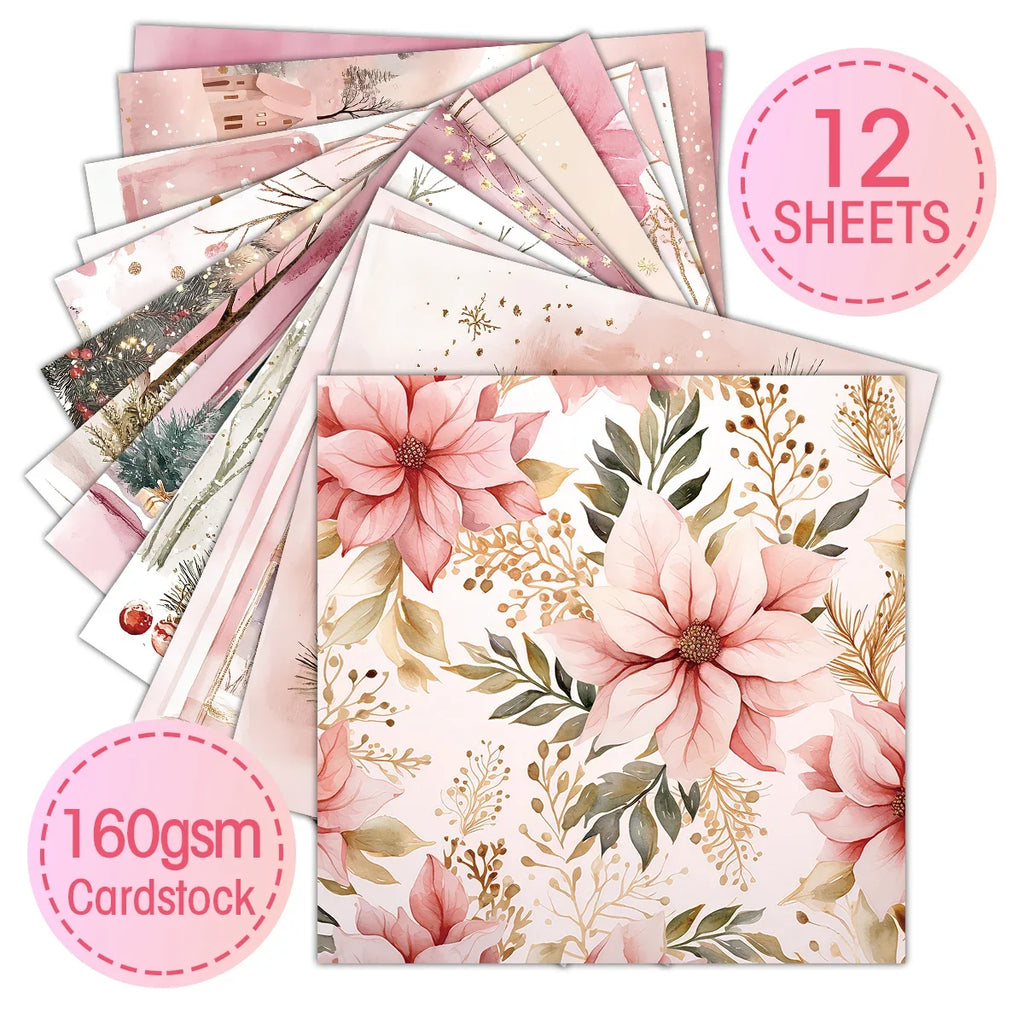 Pink Christmas Scrapbook Paper Pad | 12 Sheets Decorative Craft Papers