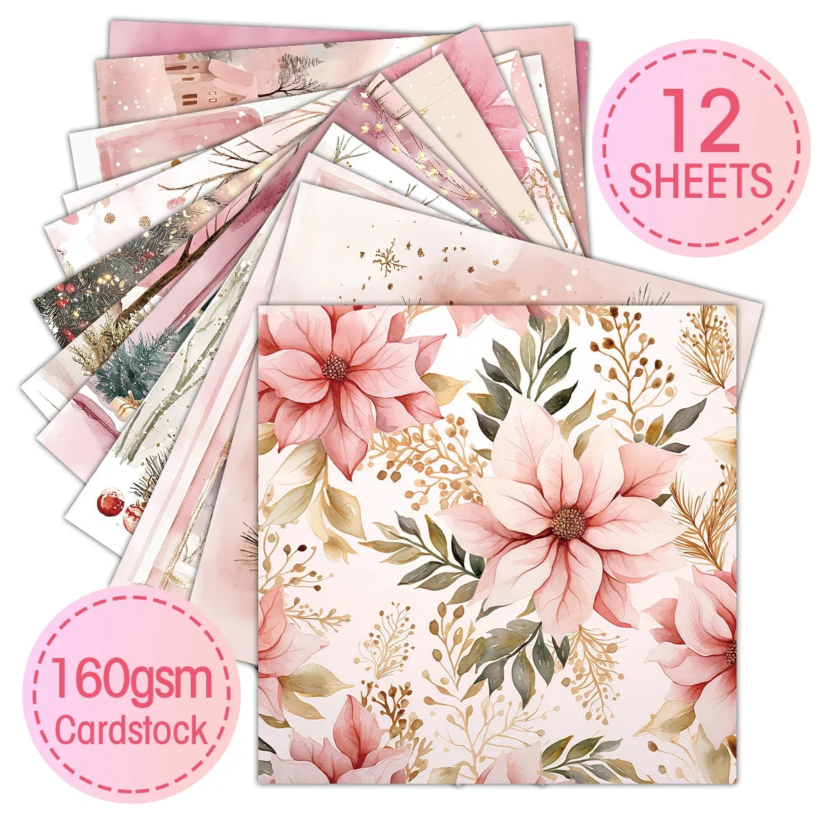 Pink Christmas Scrapbook Paper Pad | 12 Sheets Decorative Craft Papers