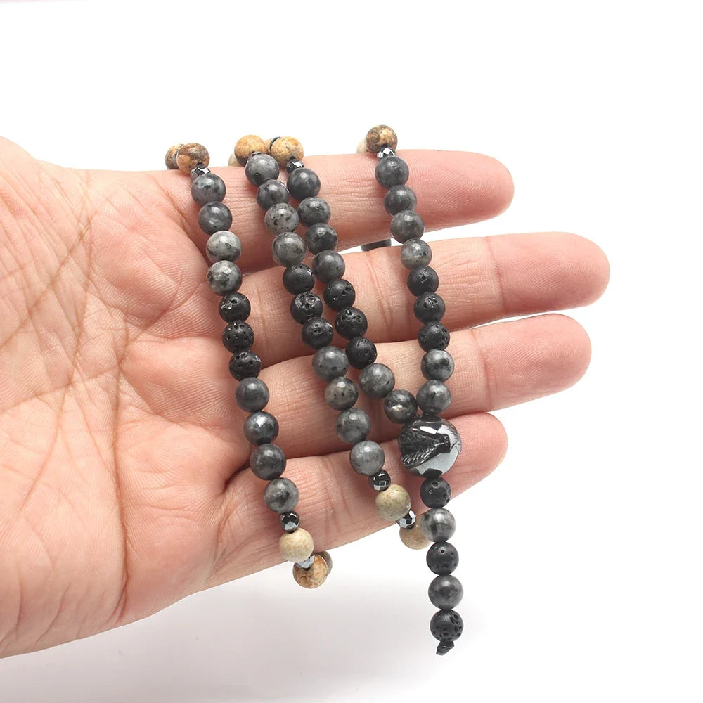 6mm Natural Map Stone Beaded Necklace | Black Shimmerstone Hematite for Unisex