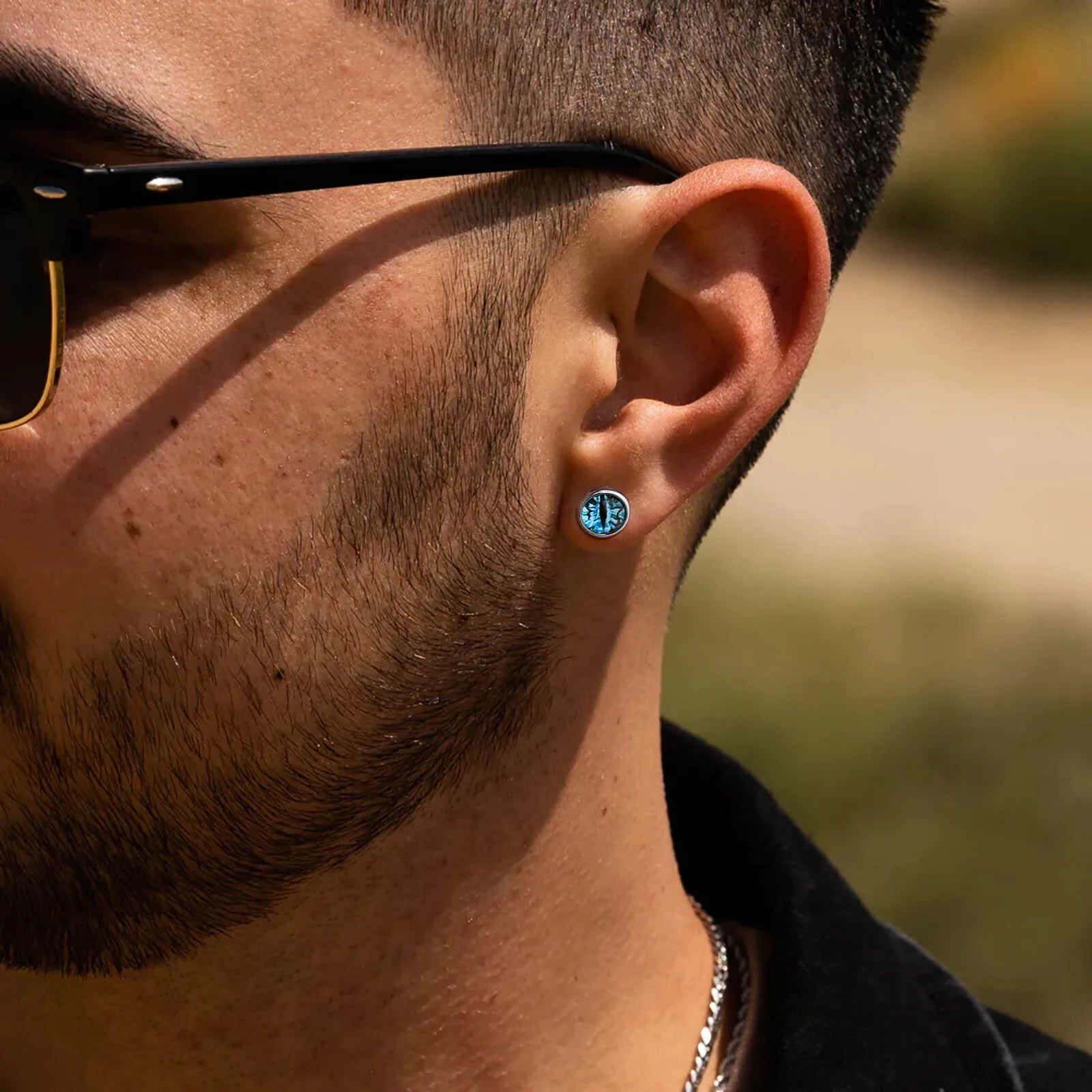 Blue Devil Eye Stud Earrings for Men | Stainless Steel Gothic Round Earrings
