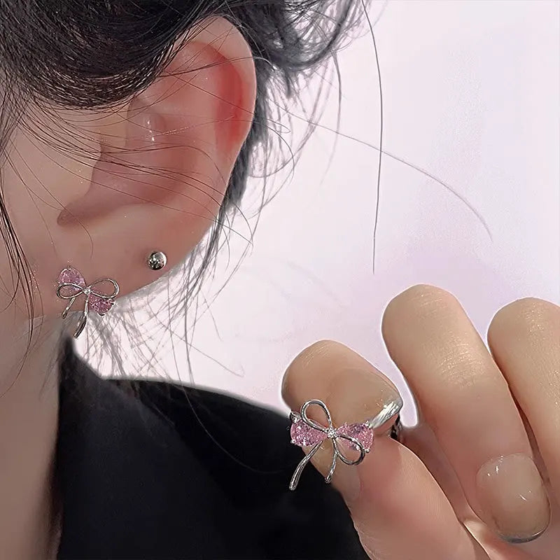925 Sterling Silver Bow Pink Zircon Stud Earrings | Women's Wedding Fine Jewelry