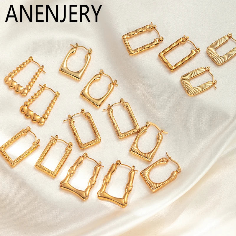 ANENJERY 316L Stainless Steel Hollow Square Texture Drop Earrings | Hypoallergenic Geometric Jewelry for Women