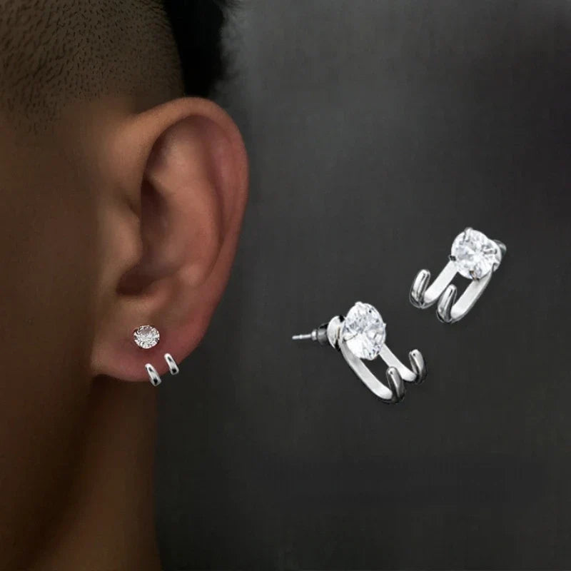 Zircon Stud Earrings Single Hook Shape | Trendy Hip-Hop Jewelry for Men Women
