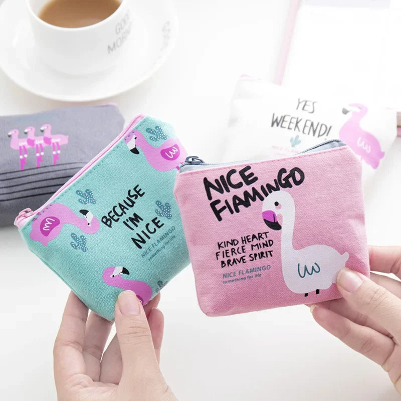Korean Square Flamingo Coin Money Pouch | Small Canvas Zipper Wallet for Students