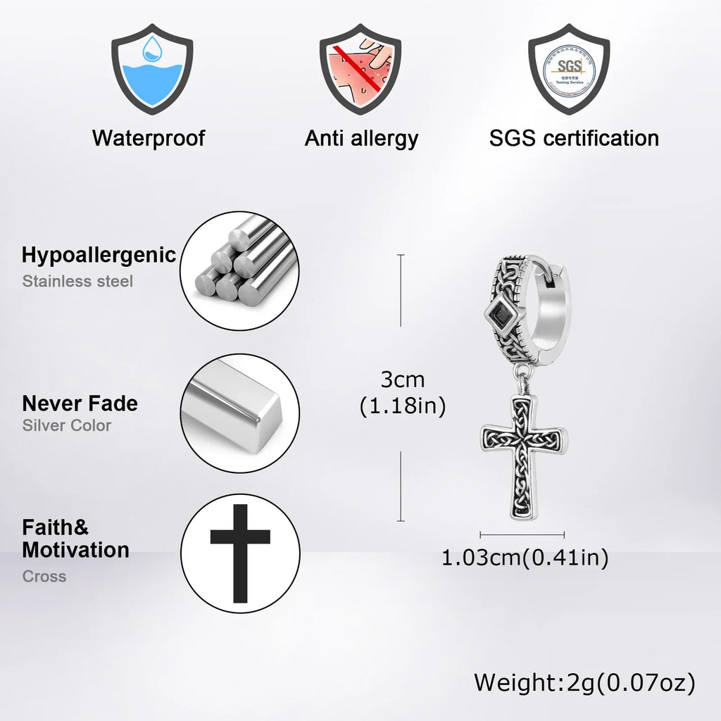 Vintage Celtic Knot Cross Hoop Earrings for Men | Anti Allergy Black Square Zircon Drop Earrings