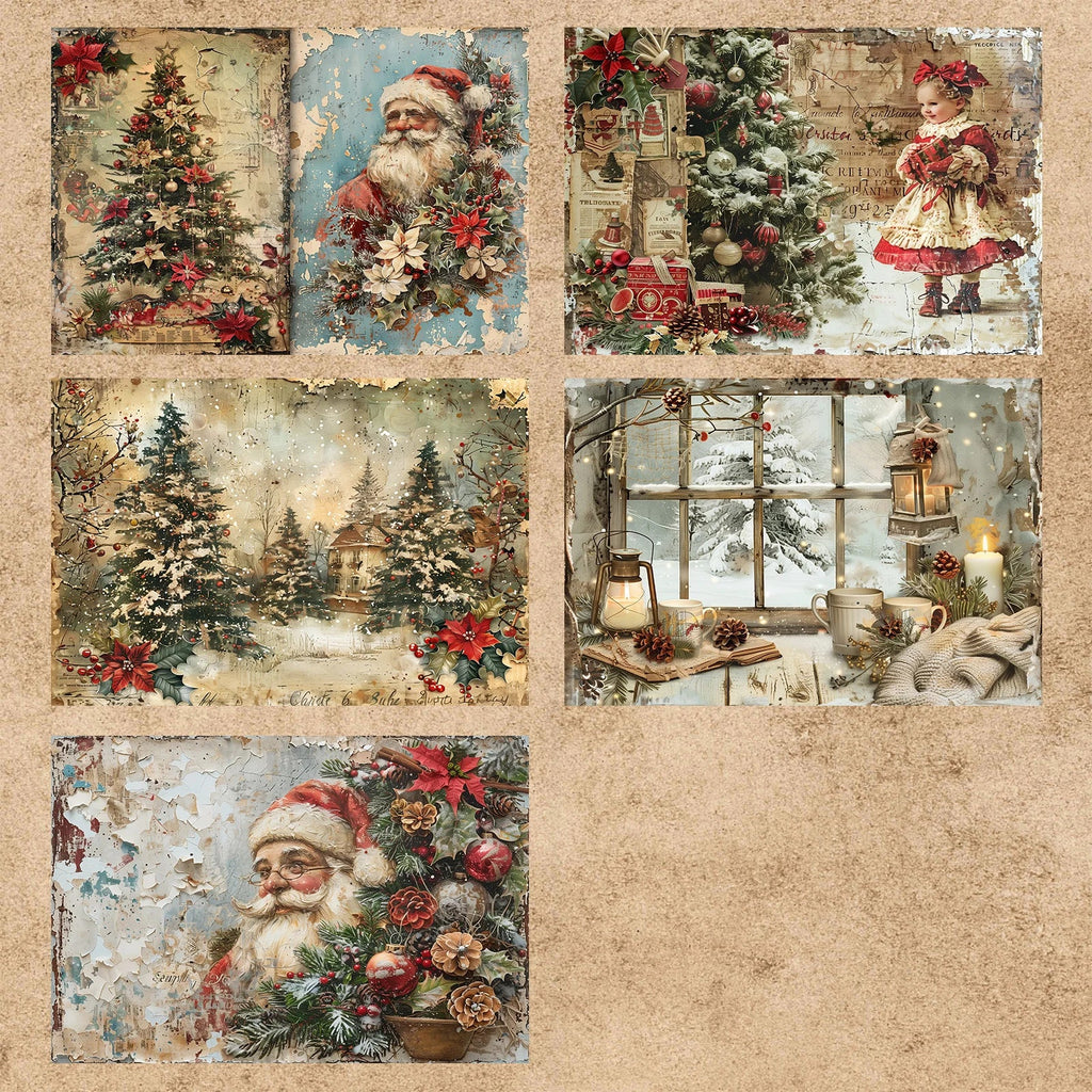9 Sheets A5 Christmas Retro Santa Girl Vintage Grunge Paper Pack | Scrapbooking Journal Planner