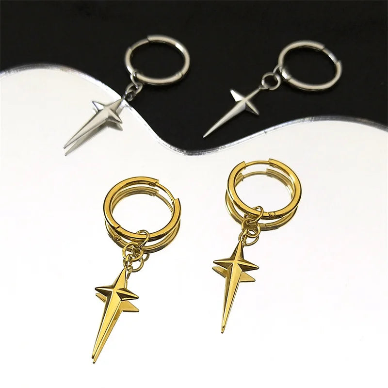 Stainless Steel Star Cross Hoop Earrings | Punk Kpop Y2K Drop Earrings for Women