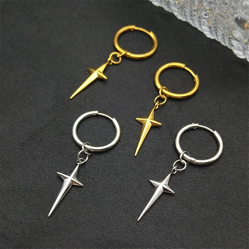 Stainless Steel Star Cross Hoop Earrings | Punk Kpop Y2K Drop Earrings for Women