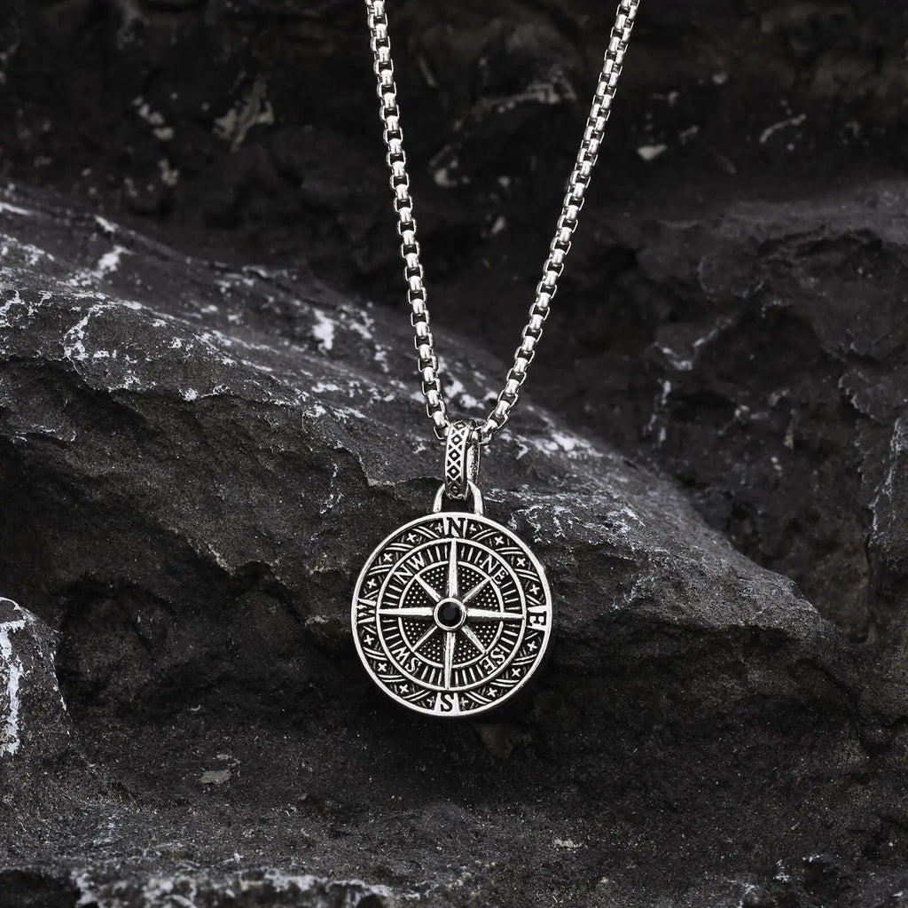 Vintage Compass Pendant Necklace | Stainless Steel Coin Necklace for Men