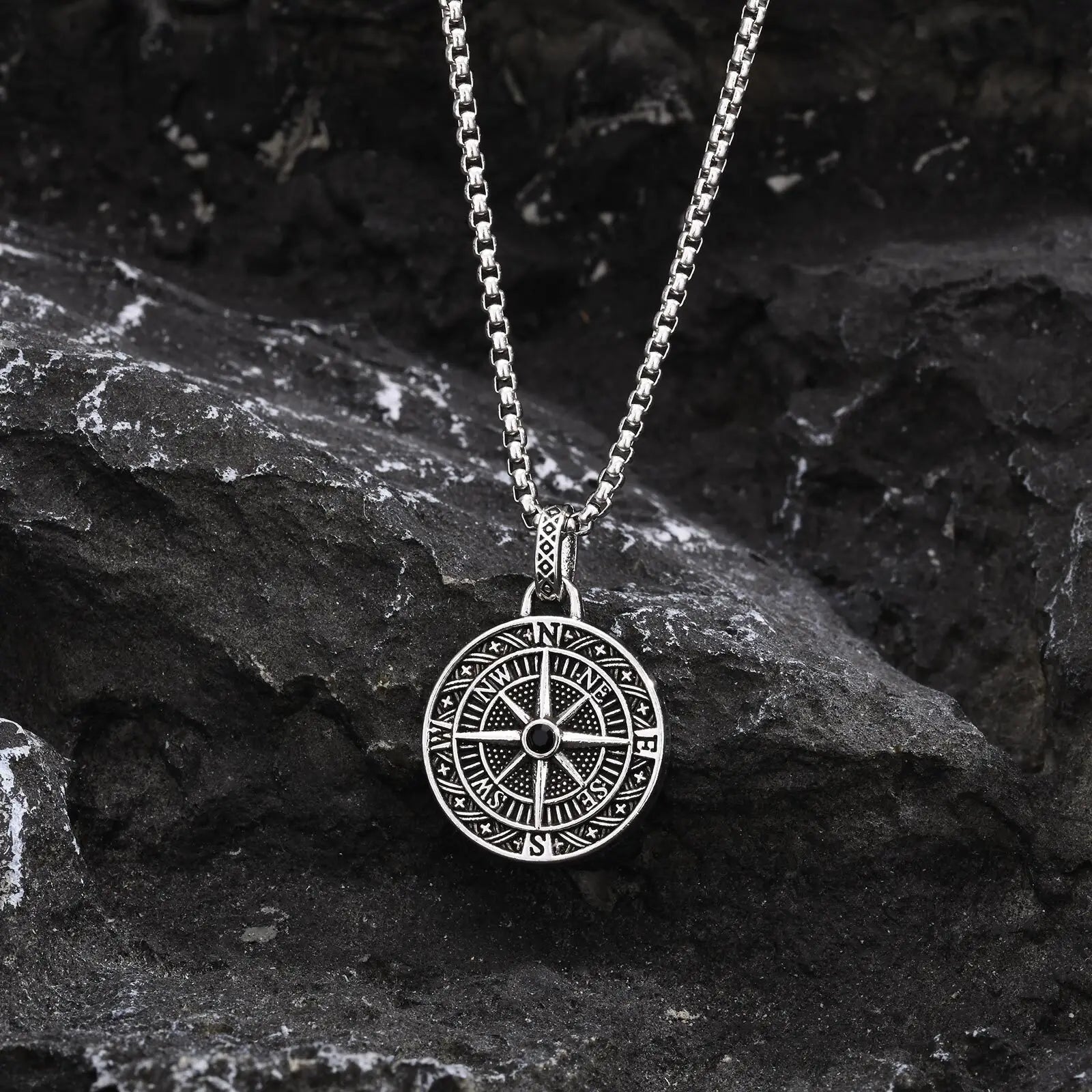 Vintage Compass Pendant Necklace | Stainless Steel Coin Necklace for Men
