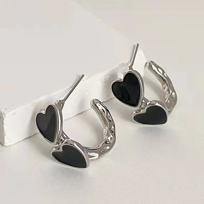 Vintage Goth Black Enamel Heart Stud Earrings | Dark Aesthetic Hollow Metal C-Shaped Jewelry