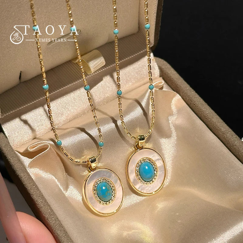 Natural Turquoise Oval Shell Pendant Necklace | Gold Chain Collarbone Jewelry