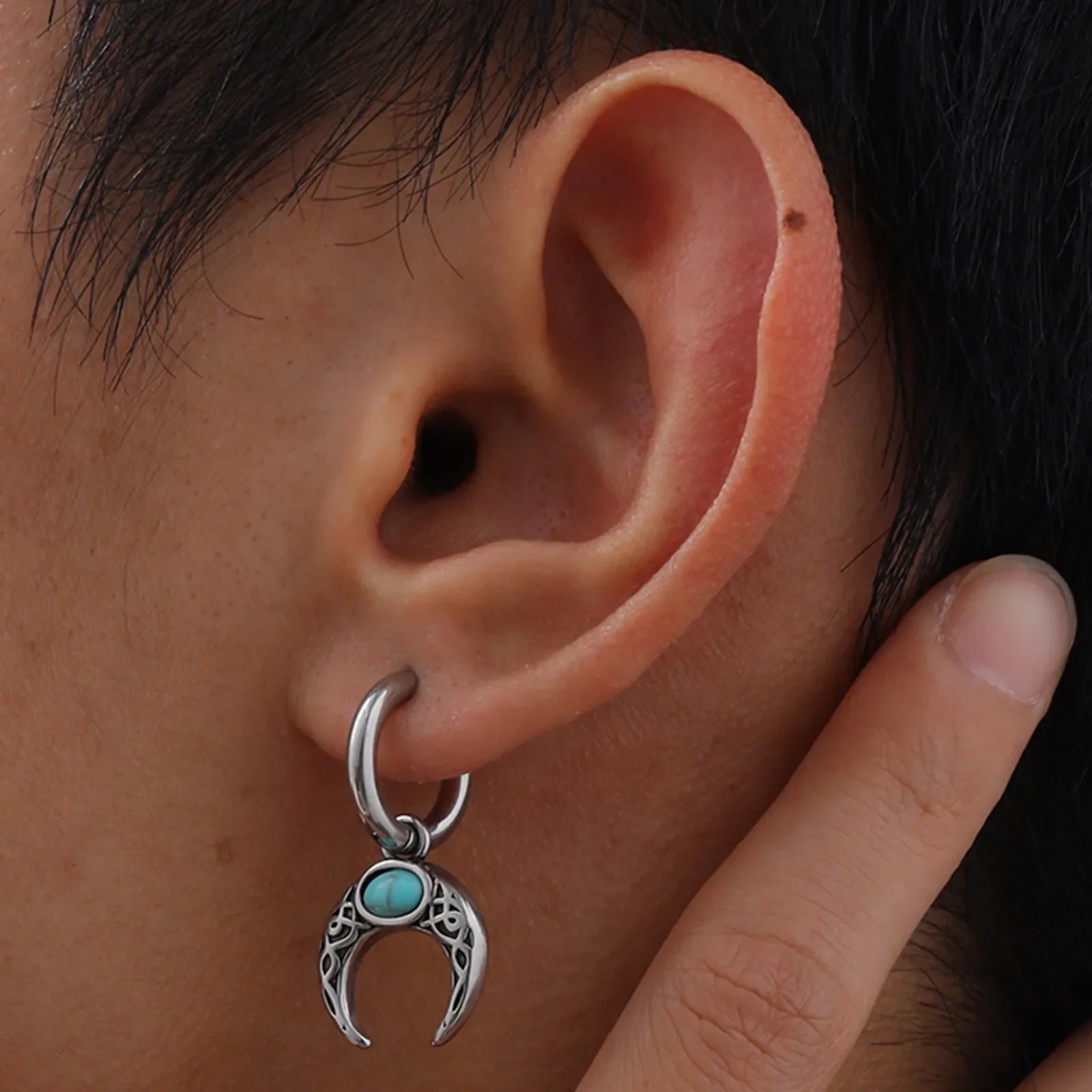 Vintage Moon Earrings for Men | Green Stone Stainless Steel Hoop Jewelry
