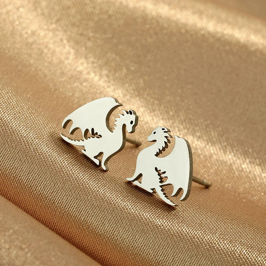Kinitial Stainless Steel Dragon Earrings | Dainty Punk Animal Stud Jewelry for Women