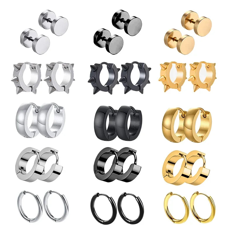 Unisex Punk Black Stainless Steel Hoop Earrings | Gothic Fake Earring Set