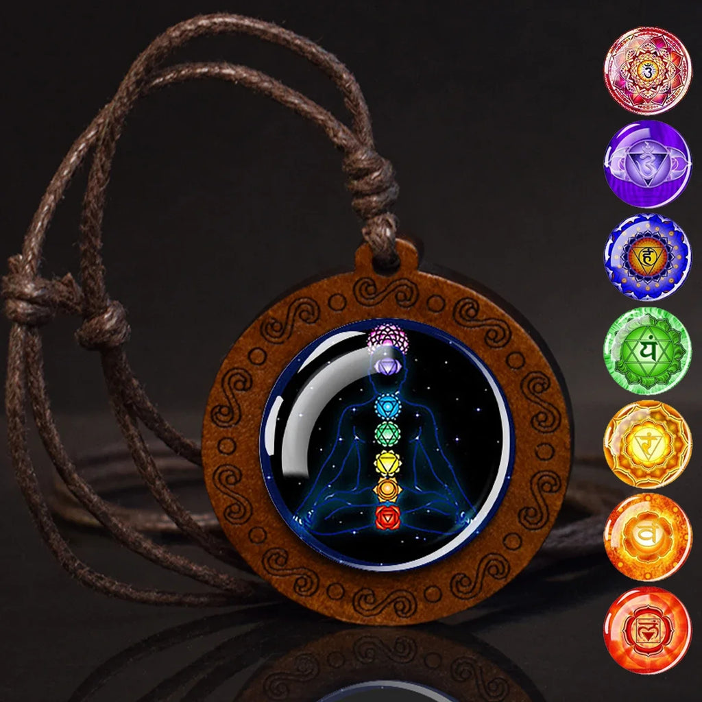 7 Chakra Symbol Glass Wood Pendant Necklace | Unisex Yoga Meditation Jewelry