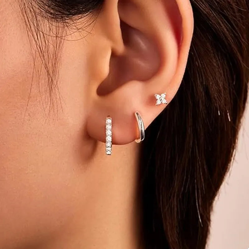 3Pcs Crystal Tragus Stud Earring Set | Flower Cartilage Huggie Earring Bulk Helix Jewelry Women Fashion Heart Lobe Earring Pack